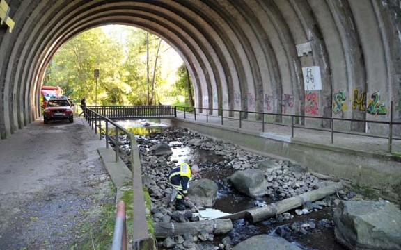 Öl-Sperren sollen schlimmeres verhindern: Der Schauplatz des Geschehens am Montag bei der Alsfelder Schwalm. Foto: aep