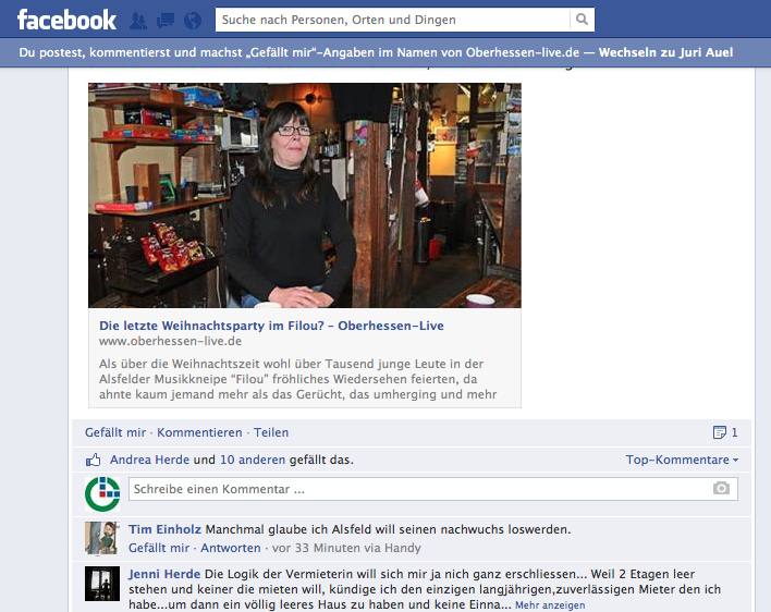 Kommentare im Netz: Auf Facebook sind die Leser von Oberhessen-live schockiert und traurig über das mögliche Aus für die Alsfelder Musik-Kneipe "Filou" Screenshot: oberhessen-live
