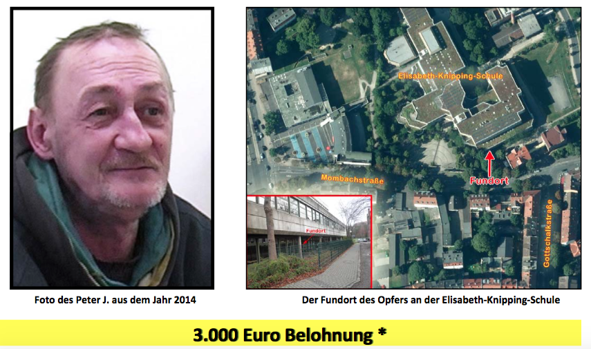 Das Opfer und der Tatort: Ein Ausschnitt aus dem Fahndungsplakat, mit dessen Hilfe die Ermittler den Tod von Peter J. aufklären wollen. Screenshot: OL