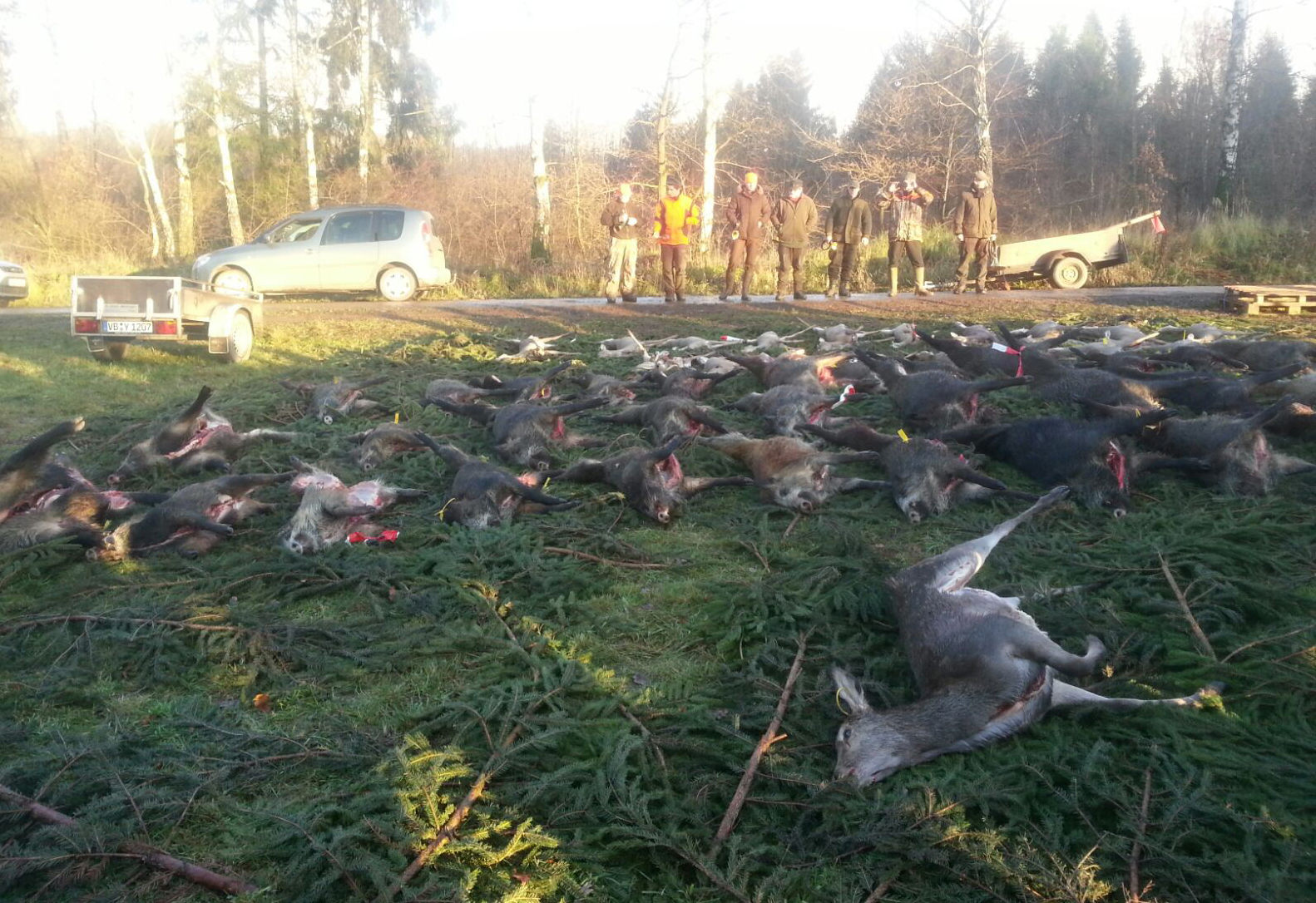 Das Ergebnis einer erfolgreichen Jagd: Jäger mit einer Strecke. Foto: Forstamt Romrod