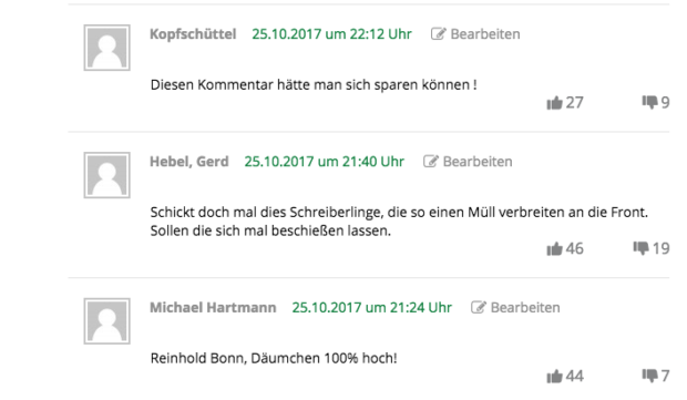 Gewettert und ausgeteilt wird nicht nur in den Kommentarspalten der großen Nachrichtenseiten, sondern auch bei OL. Screenshot: jal